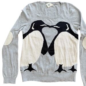 Anthropology Penguin Kissing Sweater in Grey, Black & White, Patch Elbows Medium
